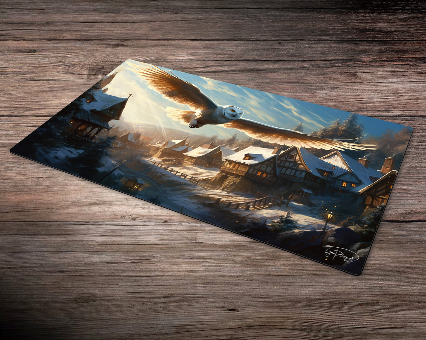 Winter Owl Playmat - MTG Spielmatte - 24 x 14 inches - MTG Geschenke - MTG Zubehör - Magie Tischmatte - Stitched Playmat