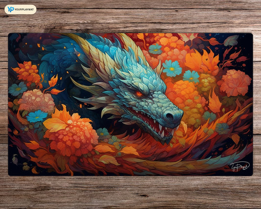 Mythical Floral Dragon  - MTG Spielmatte - 24 x 14 inches - MTG Geschenke - MTG Zubehör - Magie Tischmatte - Stitched Mat - Stitched Playmat